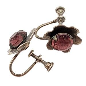 Antique Sterling Screw Back Earrings Pink Paste Flower Design